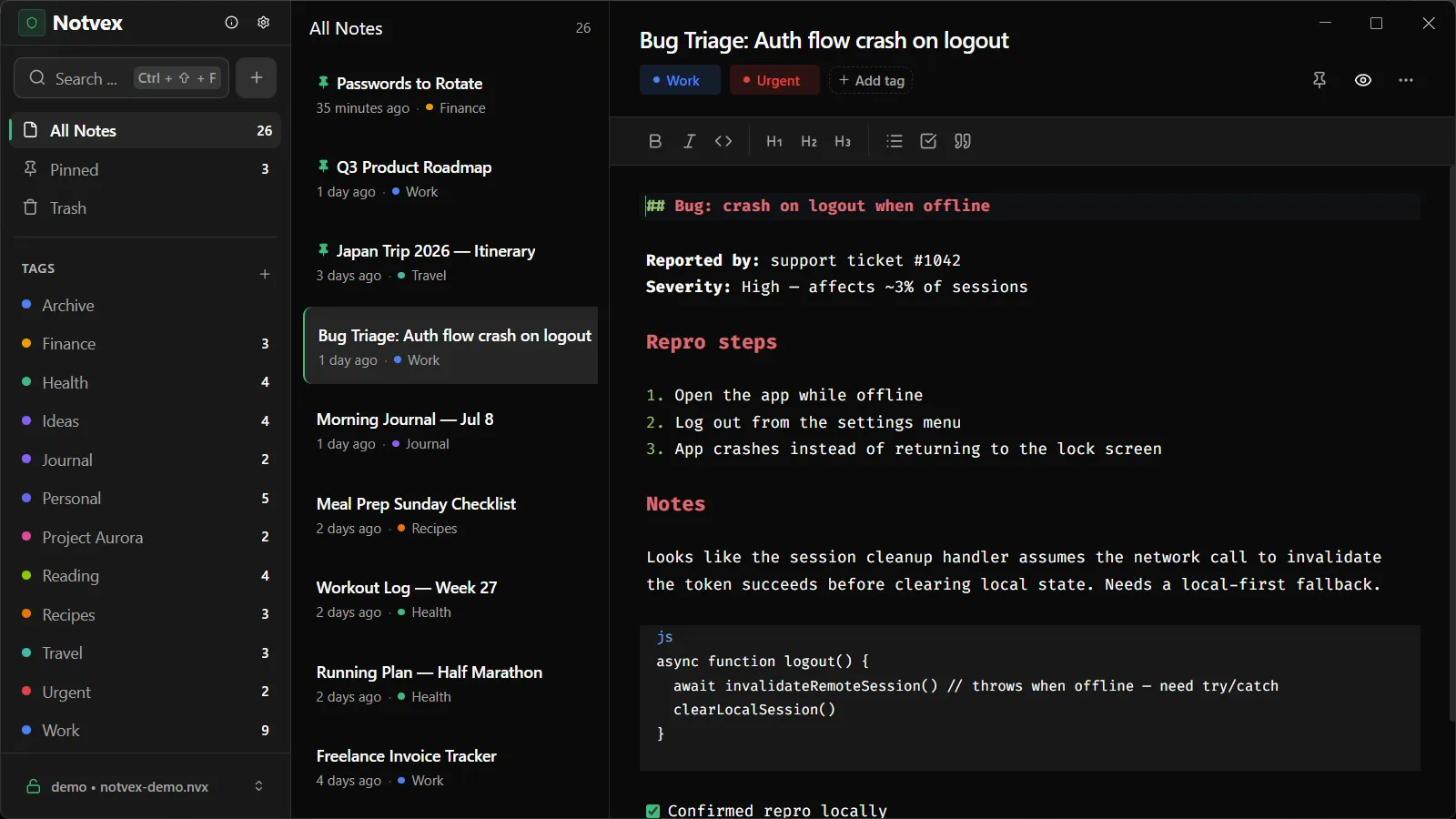 Notvex app window
